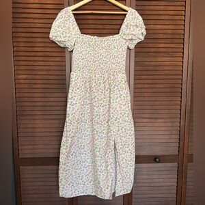 J. Crew White Floral Smocked Puff Sleeve A-Line Long Dress Cotton Size M